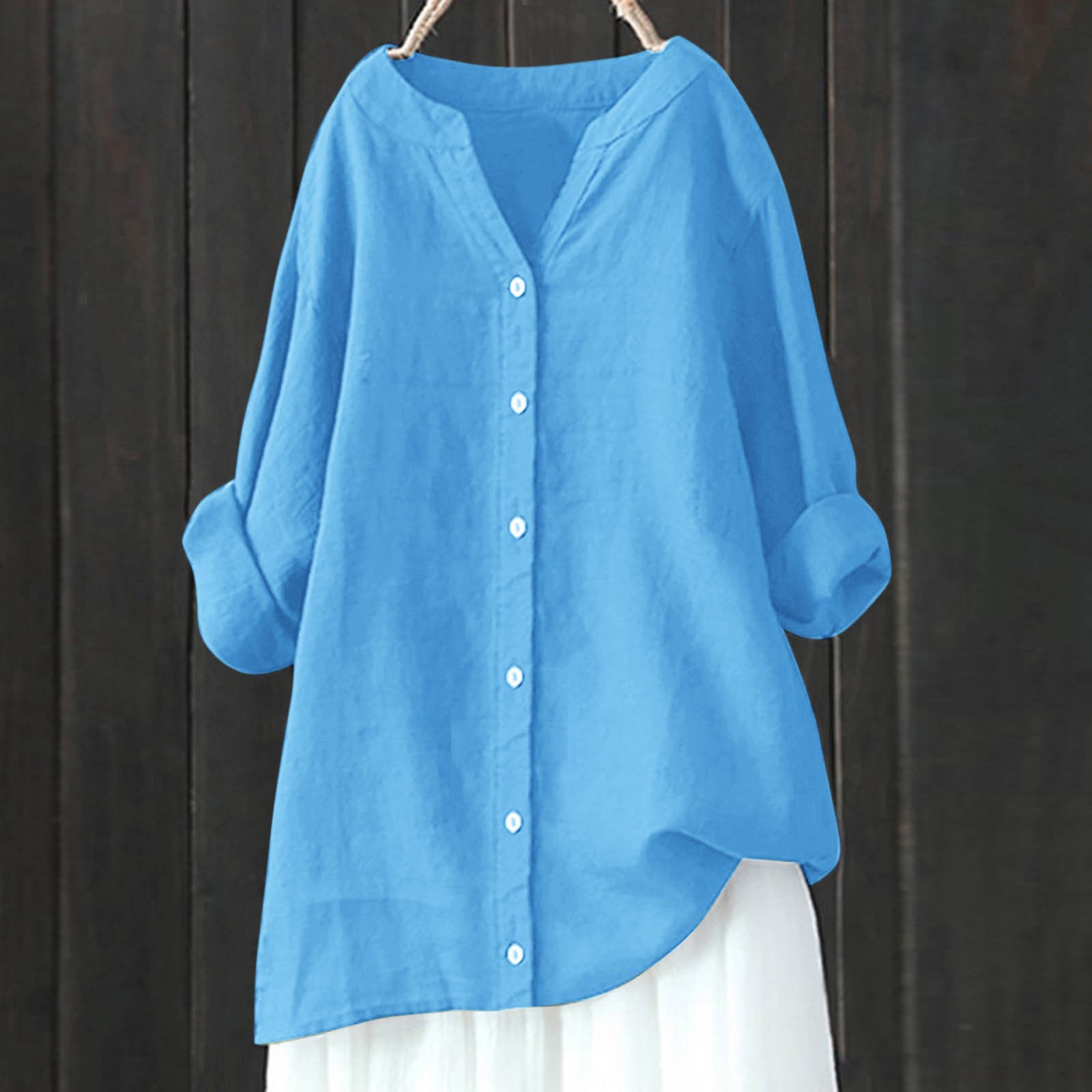 thumbnail image 2 of Blusa de manga larga con botones para mujer - Camisa informal lisa con cuello en V y corte holgado - Adecuada para el trabajo, citas o compras - Tallas S-XXXXXL, tejido de poliéster, 2 of 4